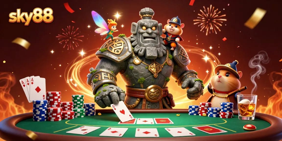 Experience thrilling games at sky88 with a lively scene featuring a golem guardian and fairy magic.