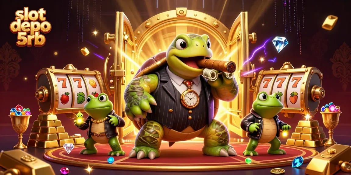 Engage with thrilling slot games featuring slot depo 5rb, surrounded by cartoon characters and casino treasures.
