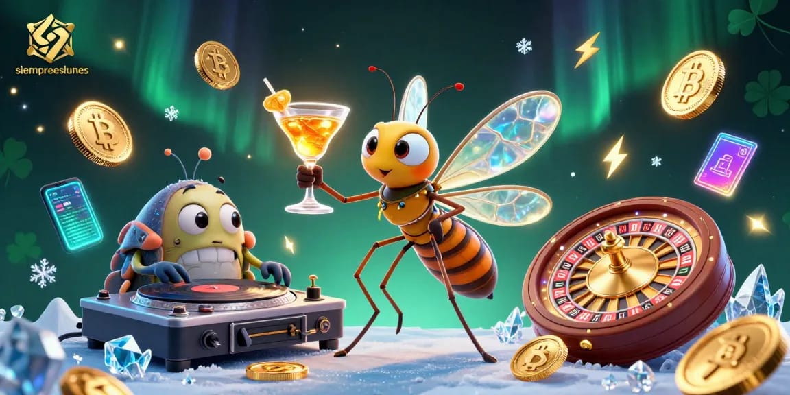 Experience dynamic gaming with siempreeslunes, where a frozen mosquito mascot holds a cocktail amidst spinning DJs and crypto coins.