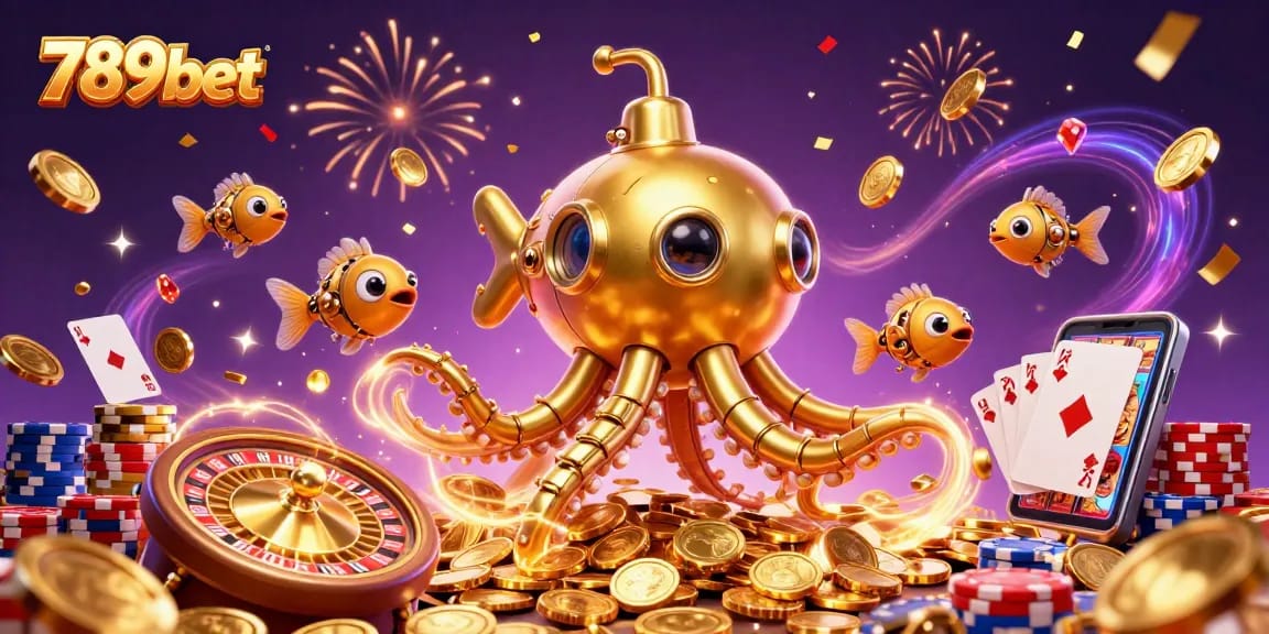 Experience thrilling games at 789bet with a golden kraken submarine amidst sparkling casino elements.