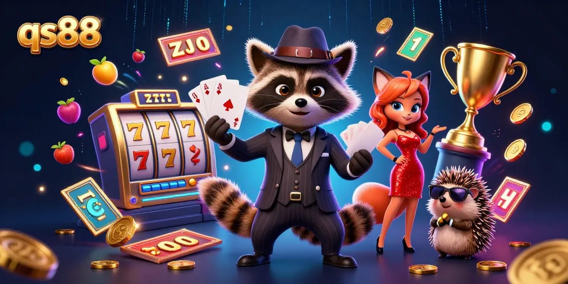Experience thrilling wins at qs88 with a suave raccoon, charming fox, and hedgehog bouncer in a vibrant casino scene.