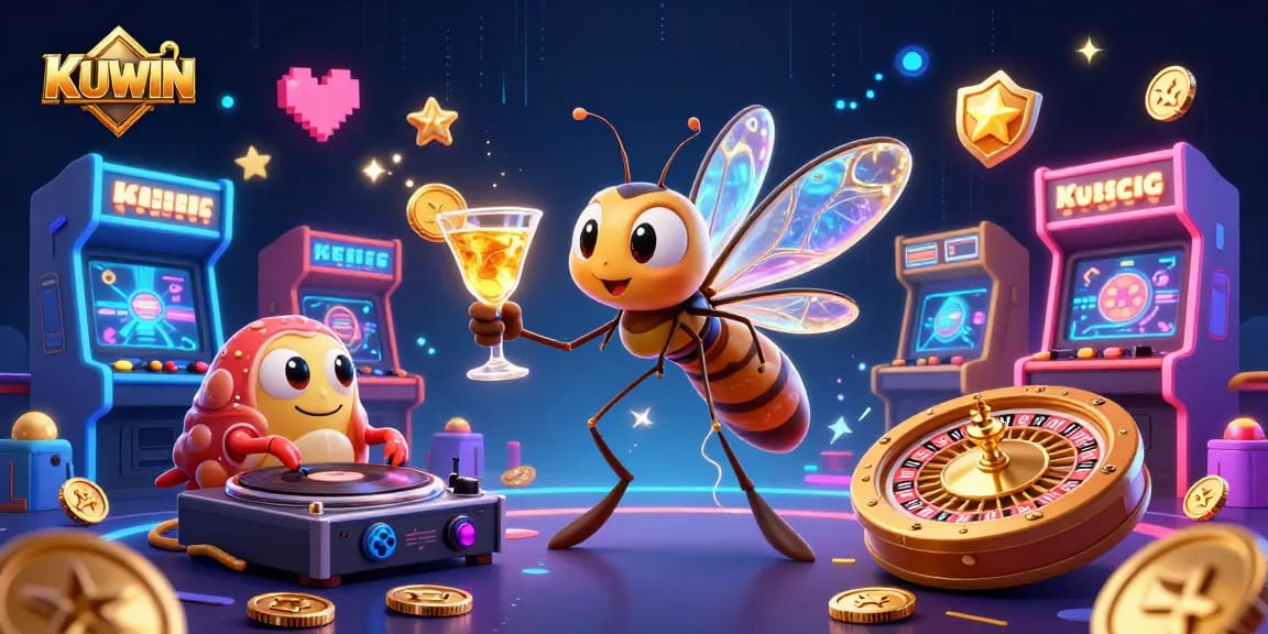 Kuwin offers thrilling casino action with a vibrant game scene showcasing 3D characters and gold elements.