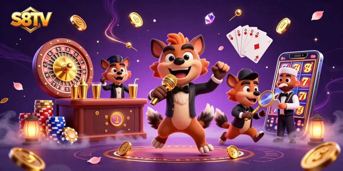 Join the laughter and excitement at S8TV's vibrant comedy casino club with lively hyena characters.