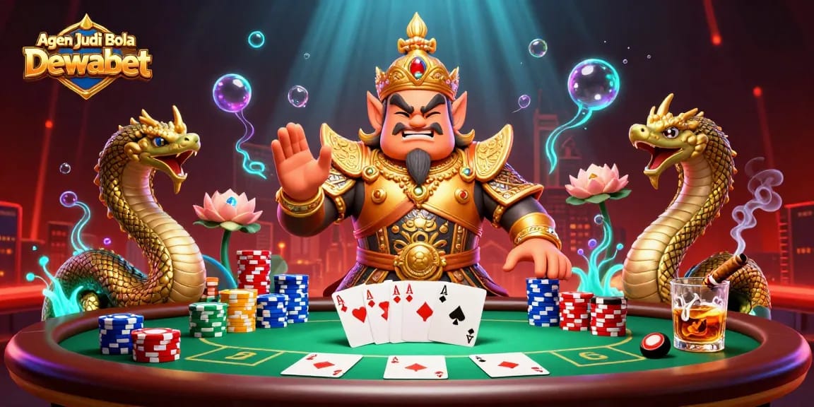 Experience thrilling gaming action with Agen Judi Bola Dewabet as charming temple guardians welcome players amidst poker excitement.