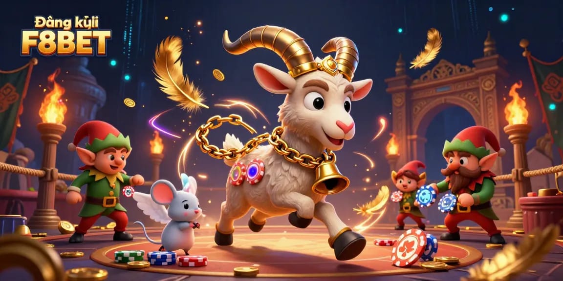 Engage in thrilling gameplay with Đăng ký F8BET at a whimsical casino featuring festive characters.