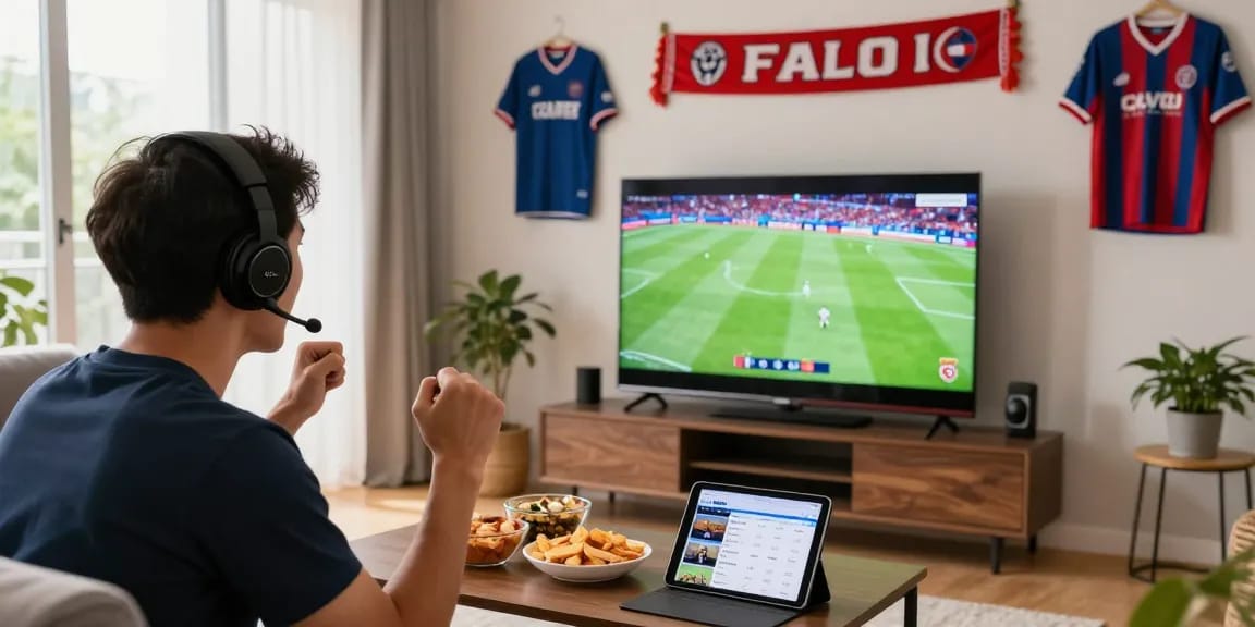 Watch live football on Multicanais with a viewer enjoying a lively game in a cozy atmosphere.