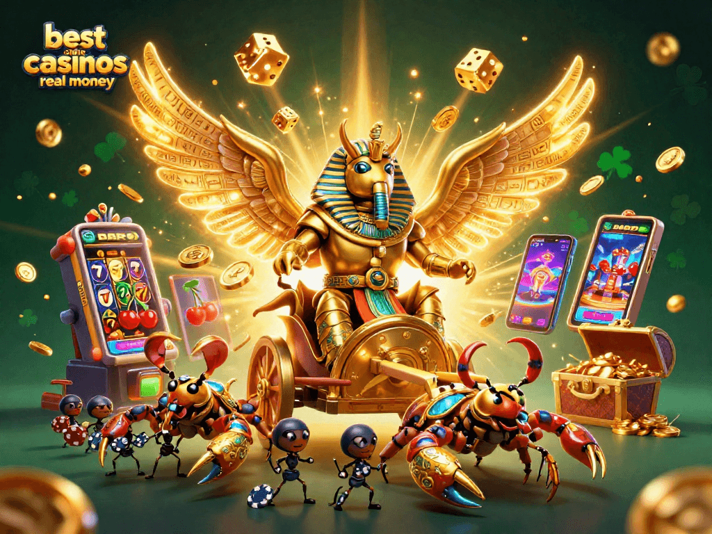 Experience the excitement of the best online casinos real money with this vibrant 3D casino illustration.