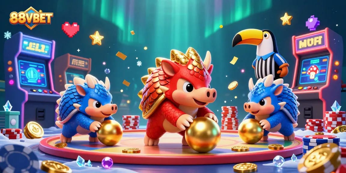 Experience thrilling casino action with 88VBET's pangolins bowling through poker chips in vibrant 3D.