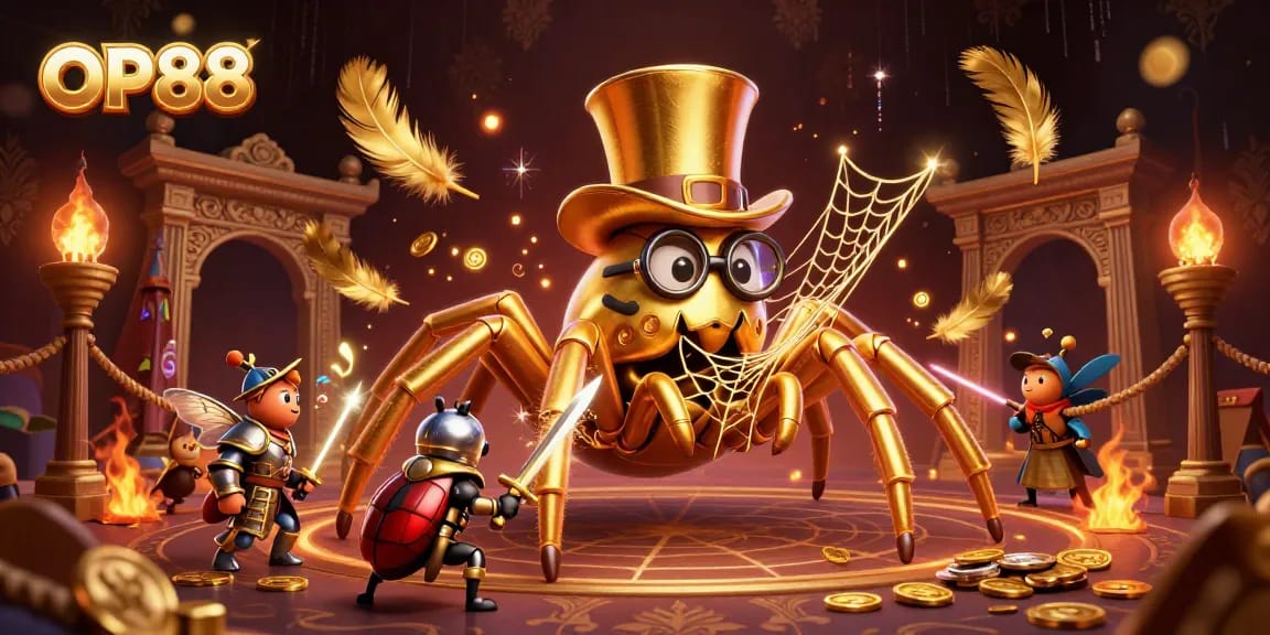 Experience exciting gameplay at OP88 with a dynamic scene showcasing a brave bug hero and a giant tarantula in the casino