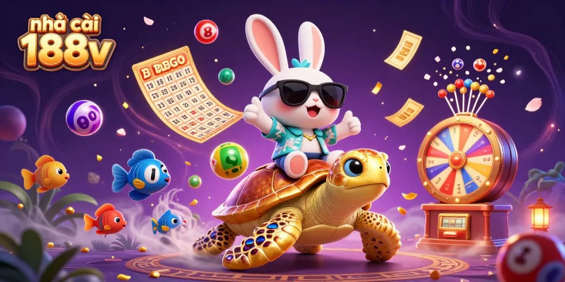 Experience vibrant luck at nhà cái 188v with a lucky rabbit, golden turtle, and dynamic lottery elements.