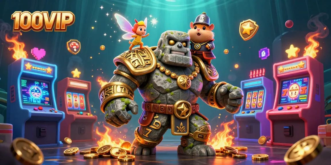 Engage in thrilling adventures with 100VIP, featuring a magical scene of a golem guardian, a fairy, and a hamster knight.