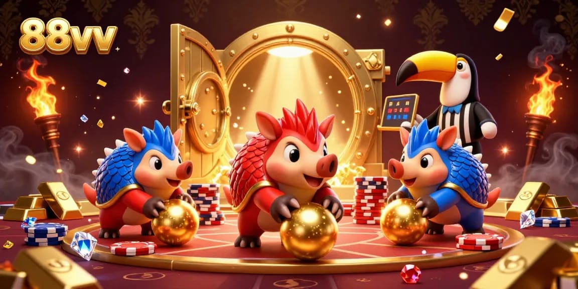 88vv showcases a vibrant scene featuring rival pangolins, golden treasures, and poker chips.