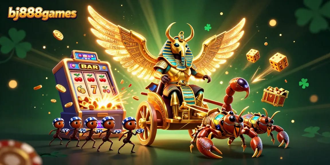 Experience the thrill of winning at bj888games with a vibrant 3D illustration depicting a golden scarab in an exciting casino atmosphere.