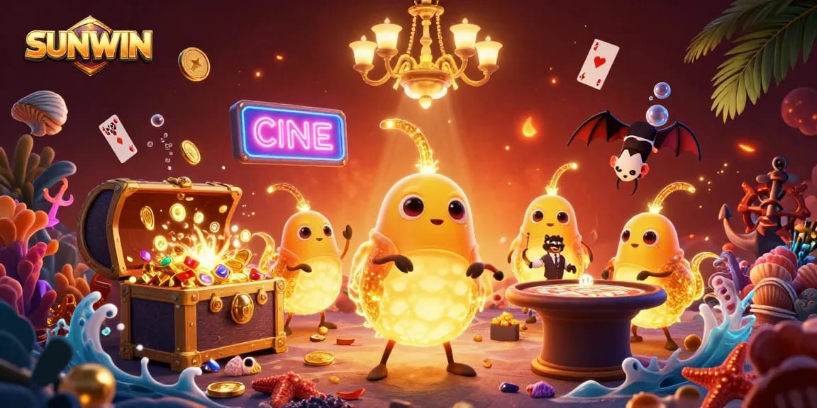 SUNWIN casino scene where glowworms illuminate a vibrant gambling area with gold coins and colorful gems.