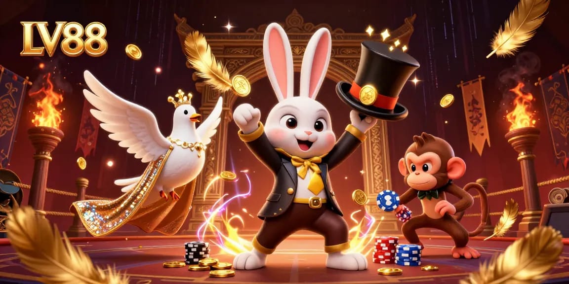 Experience thrilling magic at LV88 with a dazzling 3D illustration of a rabbit pulling coins, a dove, and a monkey.