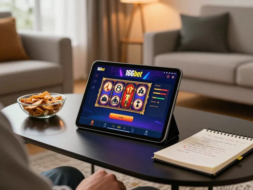 Jogador desfrutando do casino online 166bet em um tablet em meio a uma sala de estar convidativa.