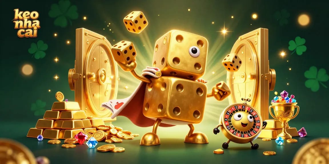 Bet on keo nha cai with a vibrant 3D illustration of a golden dice golem and treasure elements.