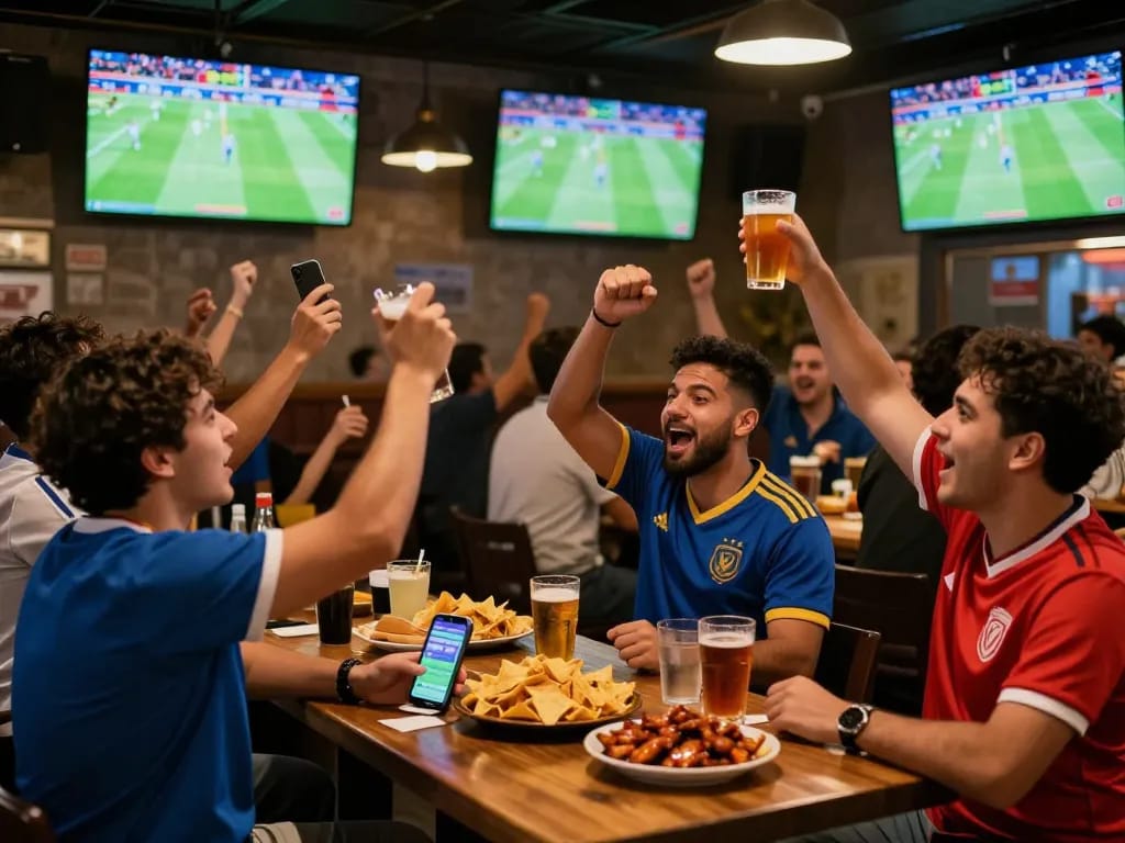 Experience the excitement of World Cup 2026 as fans celebrate goals at a sports bar while using betting apps.