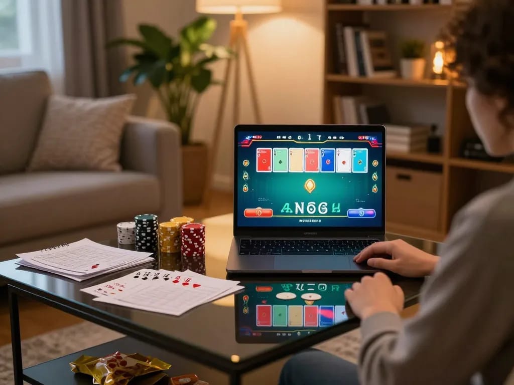 Engaging in an online poker game at home on rikviprent with strategy notes nearby
