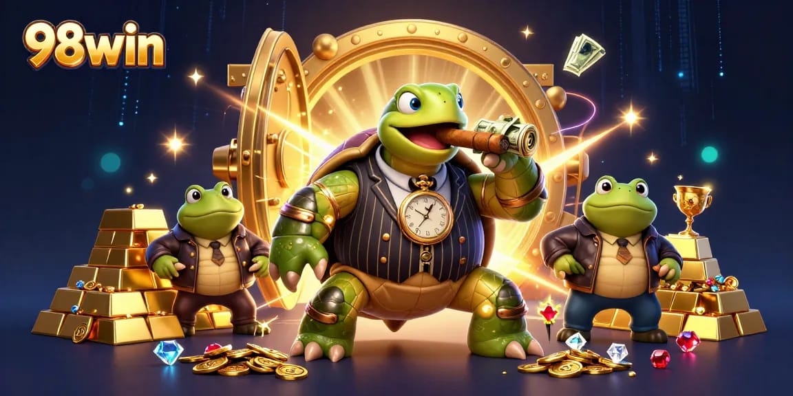 Engage with 98win in a vibrant casino scene featuring a snapping turtle mobster and a treasure-filled background.