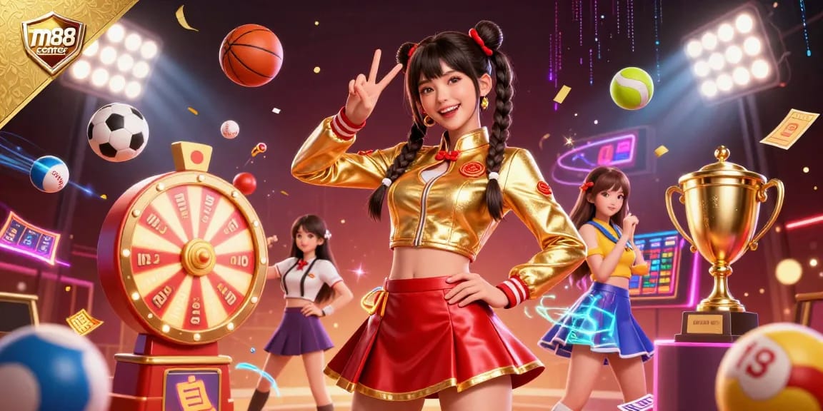 The vibrant action at m88 center showcases a joyful Asian woman in a golden jacket with colorful lottery balls, celebrating gaming excitement.