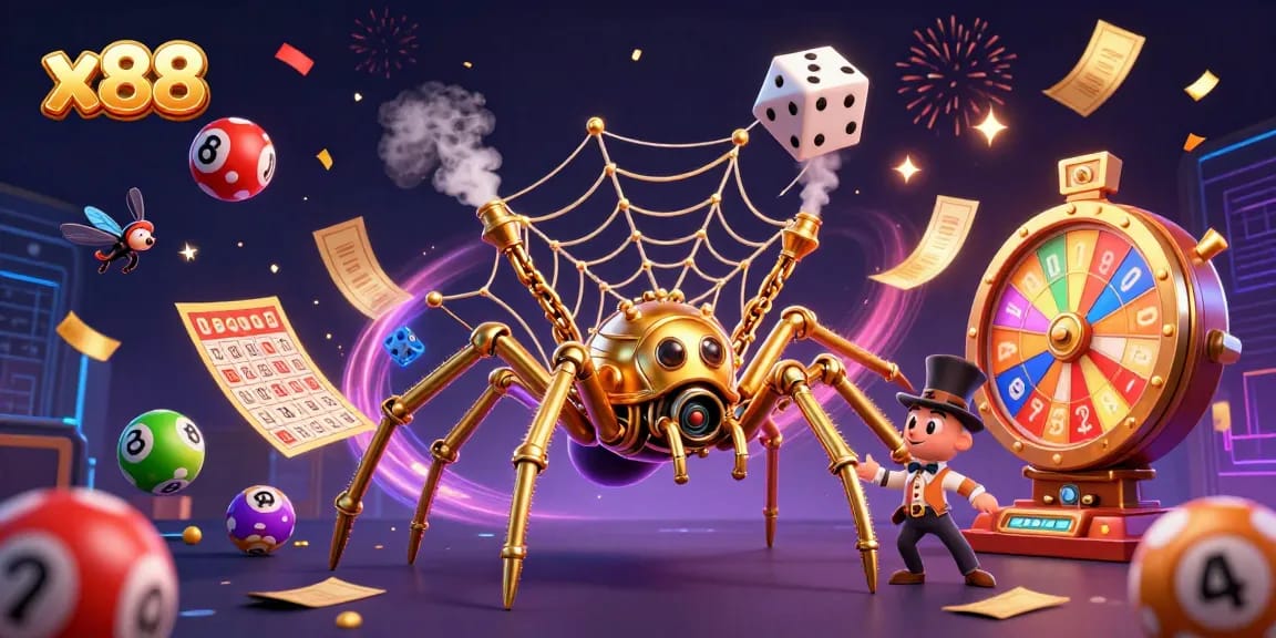Engage with the excitement of x88 as a steampunk spider entangles dice in a dynamic gambling scene.