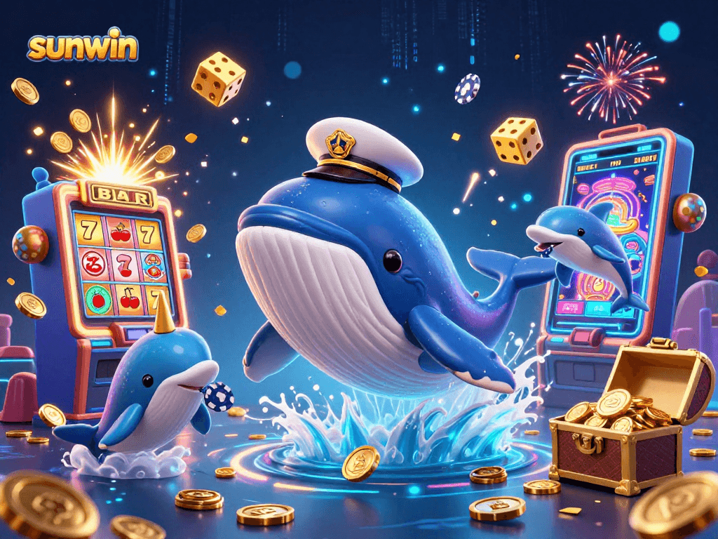 Engage with sunwin's vibrant casino world, featuring a whimsical whale and playful dolphins amidst golden winnings.