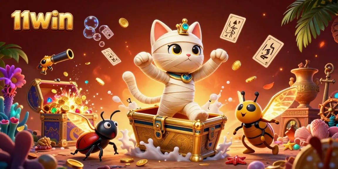 Experience the vibrant gaming scene with 11WIN's engaging Egyptian-themed illustration showcasing thrilling casino elements.