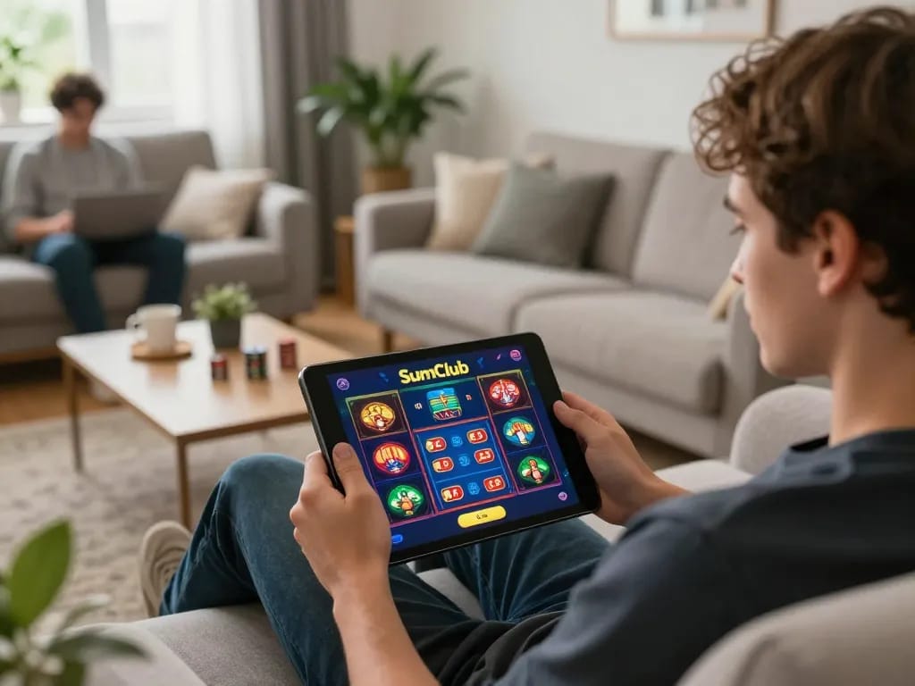 Engaged player enjoying the SumClub casino app, showcasing responsible online gaming.
