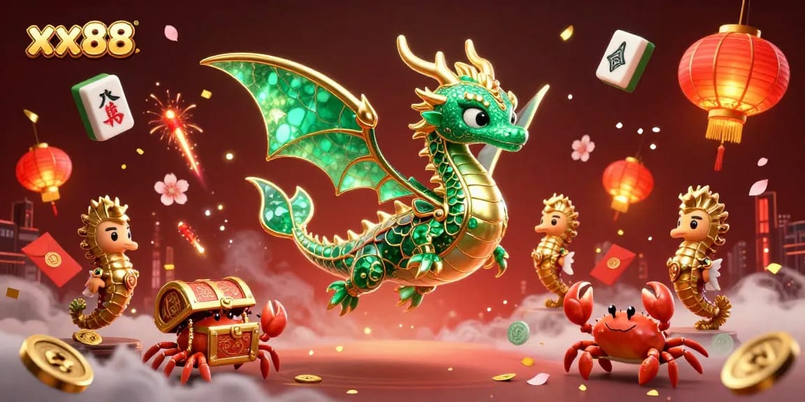 xx88 casino scene with a majestic sea dragon, gold treasures, and festive elements