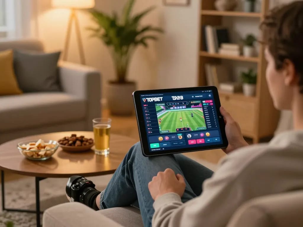Engaging scene with a person using TOPBET on a tablet for sports betting, reflecting a cozy online gambling atmosphere