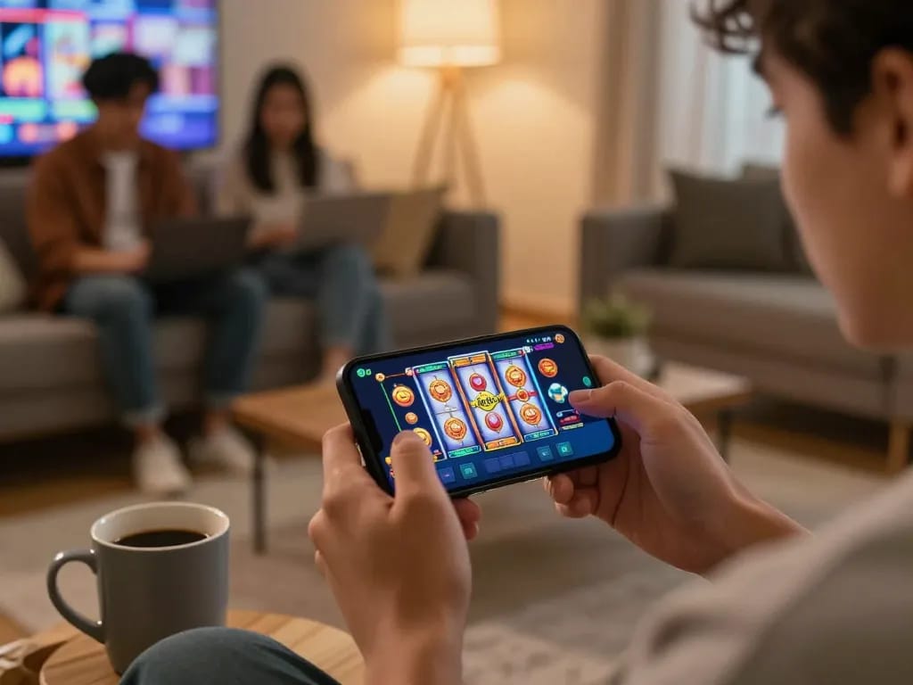 Pemain menggunakan aplikasi slot88 di ponsel pintar, menampilkan pengalaman gaming online yang cerah di ruang tamu yang nyaman.