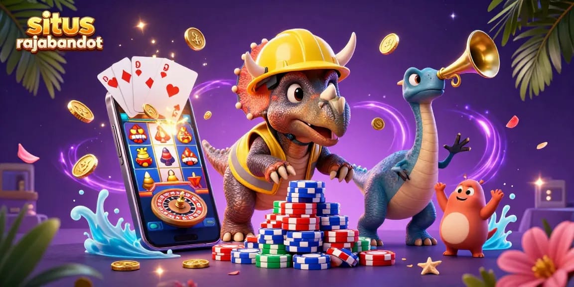 Engage in the situs rajabandot world with 3D characters building poker chip pyramids amidst vibrant casino elements.