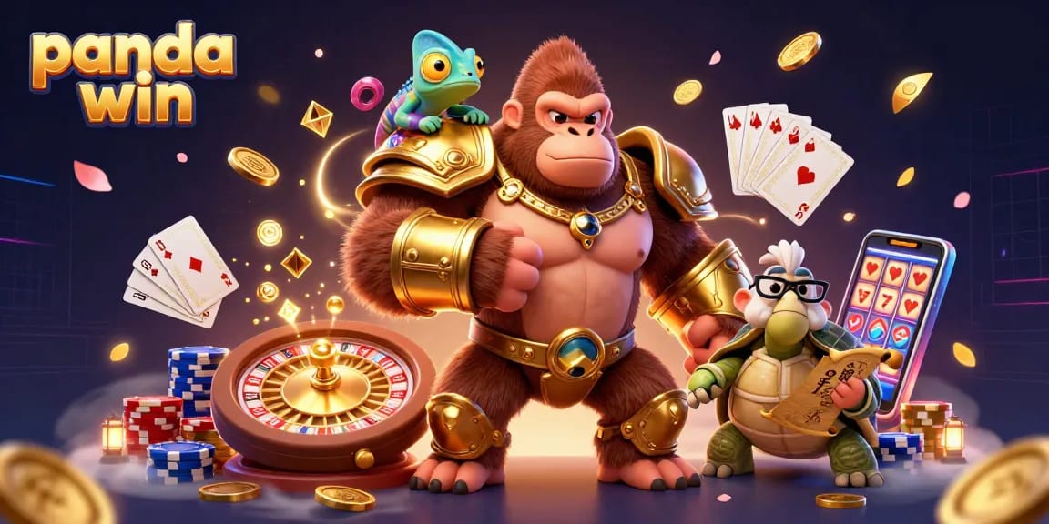 Panda win with a powerful gorilla king in armor, chameleon spy, and tortoise elder at a vibrant casino scene.