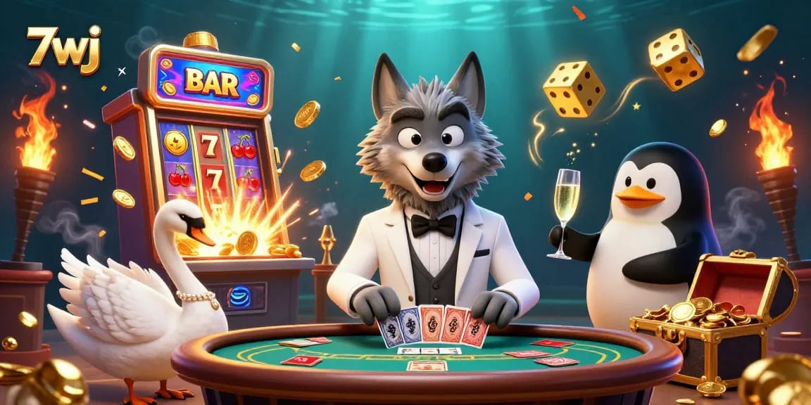 Experience the thrilling excitement of 7wj with a baccarat table scene featuring a wolf and elegant swan.