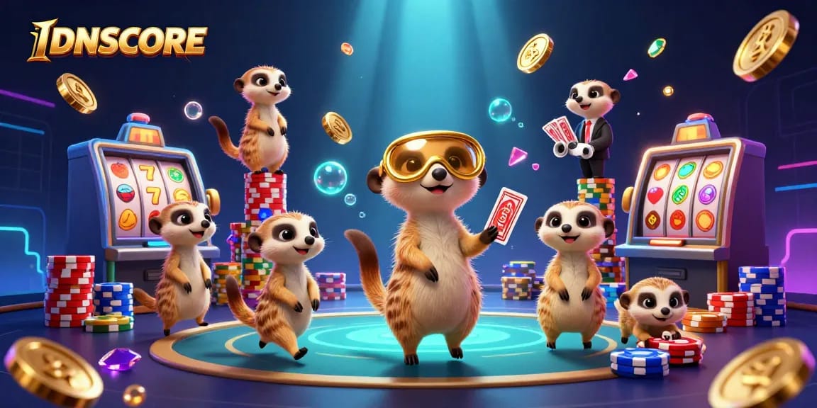 Experience IDNSCORE through animated meerkats operating a vibrant casino with slot machines, chips, and dazzling effects.