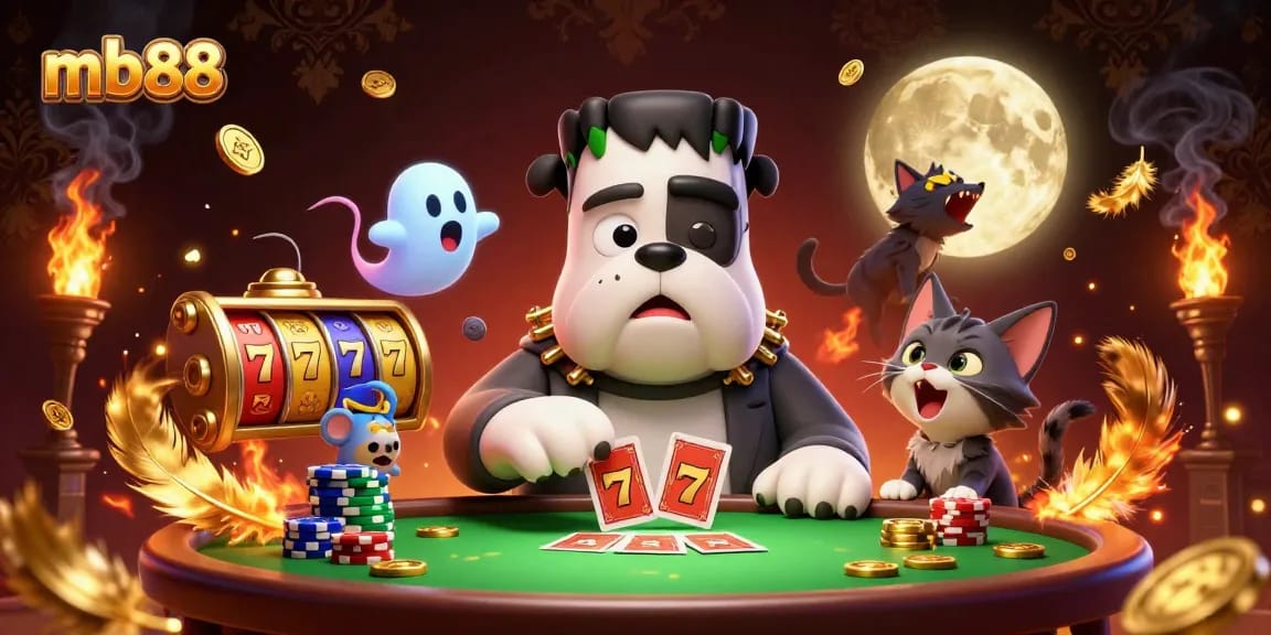 Dealing cards at MB88's lively casino, the dog-frankenstein in action amid fun slot elements.