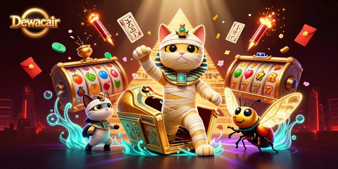 Dewacair brings excitement with a cartoon mummy cat and scarab beetle in a pyramid casino scene.