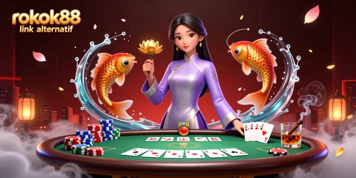Engage with the vibrant rokok88 link alternatif, featuring an Asian woman in an ao dai, casino elements, and koi fish.