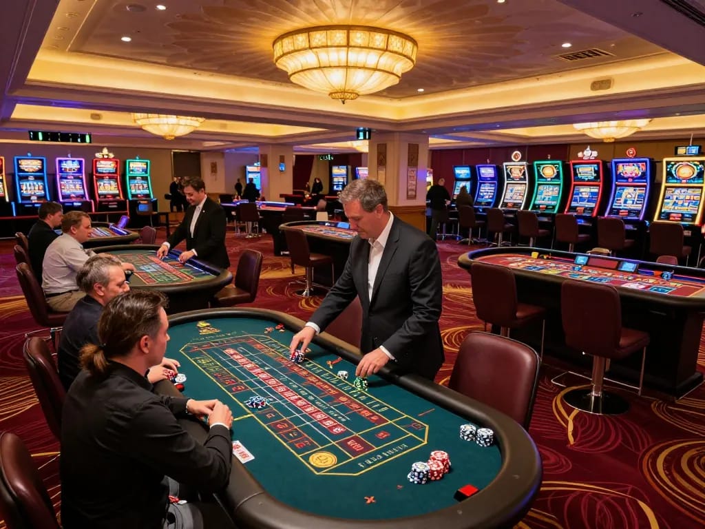 Players enjoying the thrill of 8day casino games at vibrant roulette and poker tables.