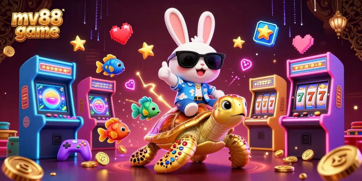 Experience the thrill of the mv88 game with a lucky rabbit and golden sea turtle in an exhilarating 3D digital casino scene.