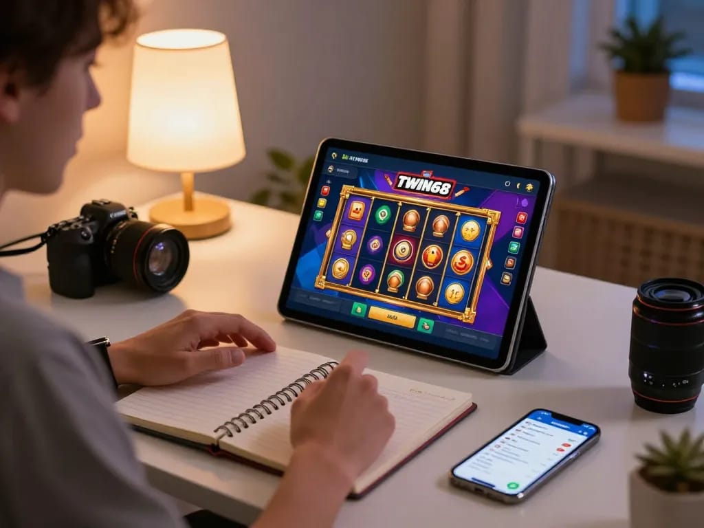 TWIN68 gaming setup with a player using a tablet for online slots, reflecting a responsible gambling environment.