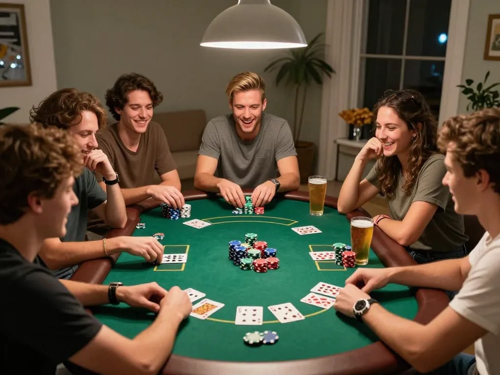 Dunrightbuildingservices hosting a lively home poker night, showcasing friendly competition and strategic gameplay.