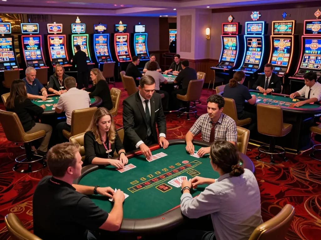 Hit club atmosphere in a lively casino filled with players engaged at blackjack tables, showcasing excitement and strategy.