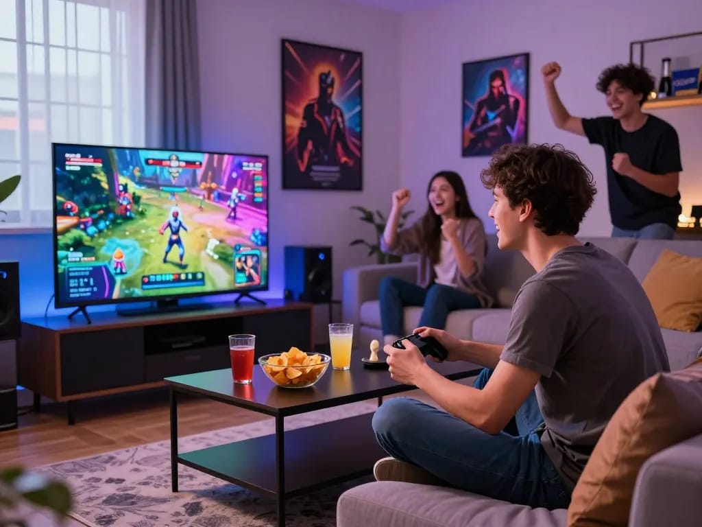 Exciting gaming experience on Trang chủ SC88 with friends in a modern living room.