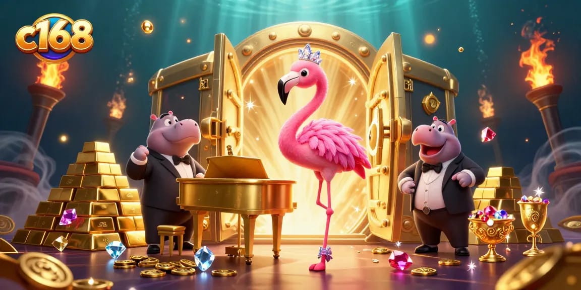 Spin and win at c168 with vibrant casino scenes featuring animated characters and treasures.