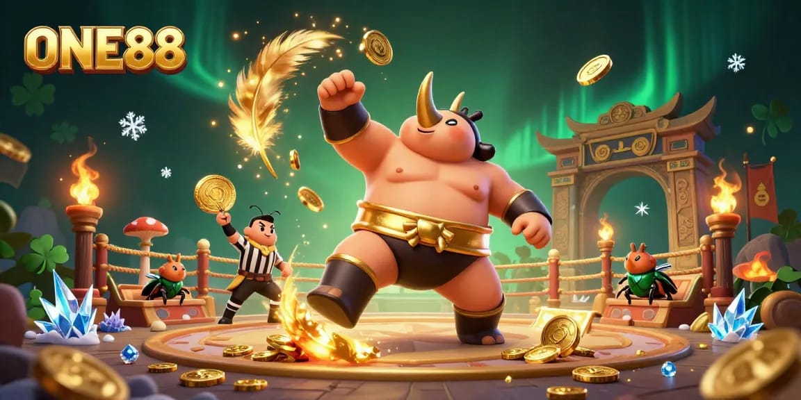 ONE88 engages bettors with a lively scene featuring a rhinoceros beetle sumo champion amidst golden coins and cheering spectators.