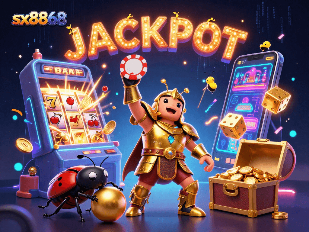 SX8868 showcases a vibrant jackpot scene with a heroic beetle and dynamic casino elements celebrating wins.