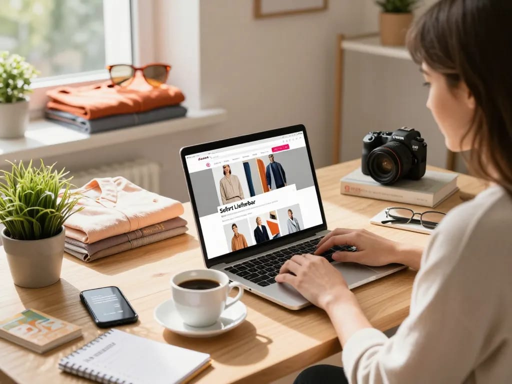 Frau, die online für Sofort Lieferbar Produkte in einem gemütlichen Home Office einkauft.
