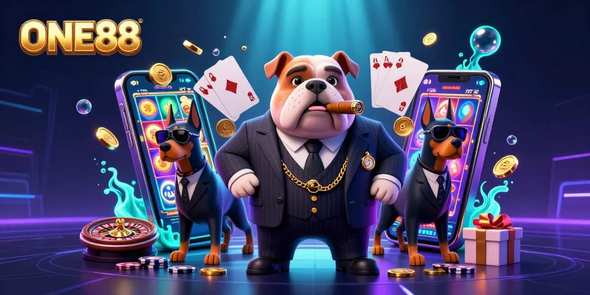 Exciting gameplay at ONE88 with a mafia-themed casino illustration showcasing slot machines and poker elements.